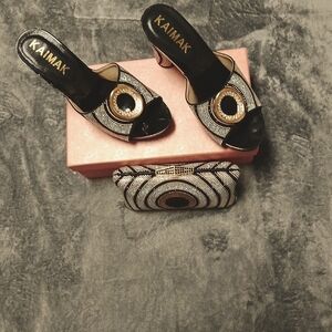 Women's Black and Gold Heels with Matching Clutch